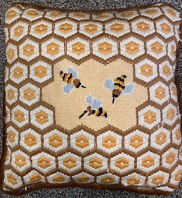 Vintage 70’s/80’s Heavily Embroidered Beehive W/ Bees Throw Pillow Hand Made • $34.99
