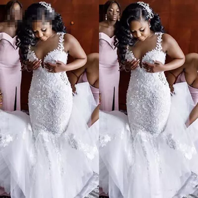 Sheer Neck Lace Up Back Quality Mermaid Wedding Dresses Gowns Train Custom Made • $150.10