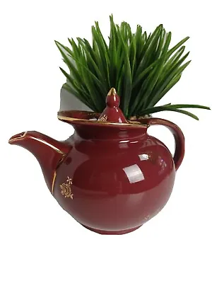 Vintage Hall Teapot Windshield Burgundy Gold Roses 6 Cup Stamped 0693 USA • $19.95