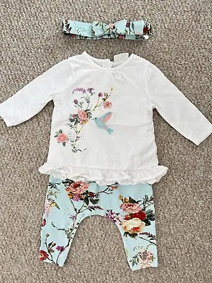 £7.99 • Buy Baby Girls NEXT 0-3 Months Outfit Trouser Set Flowers Birds Matching Headband GC
