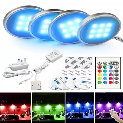 4x LED Under Cabinet Lights Closet Puck Display RGB Colour Changing Lighting Kit • £14.99