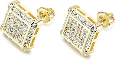 Mens Large 14K Gold Plated Iced Micro Pave CZ Cluster Screw Back Earrings 17mm • $11.99