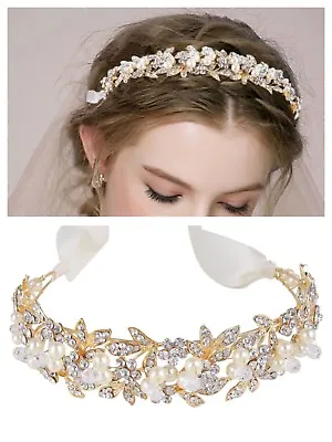 Gold Bridal Wedding Tiara Crystal Ivory Pearls Ribbon With Tiara Box • £35.99