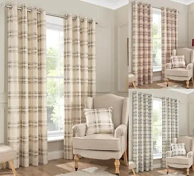 One Pair Of INTERIORS NewPort Check Brushed Half Panama Eyelet Lined Curtains • £59.99