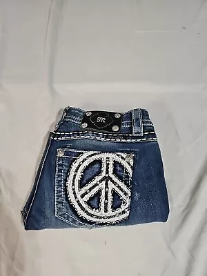 Miss Me Mid-Rise Cuffed Capri Jeans Peace Sign Hippy Bling Size 28 (30WX22L) • $28.88