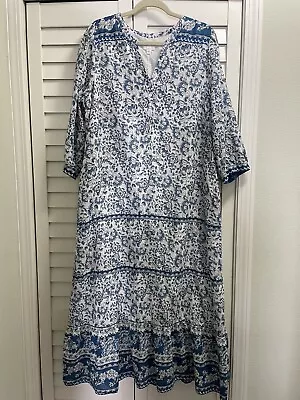 J. Jill Cotton Blue Floral Maxi Dress 3/4 Sleeve. Pockets. Line. Size L • $22