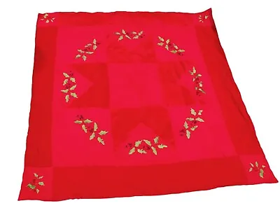 Vintage Red Velvet Embroidered Throw Blanket Quilt Christmas Holly Berry • $71.98