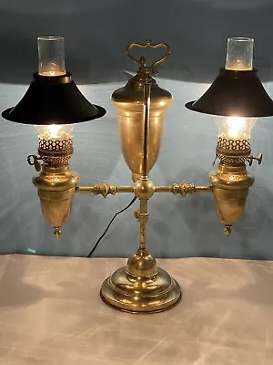 Antique Vintage Student Desk Lamp Double Arm Brass Electrified Oil Library Light • $195