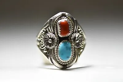 Turquoise Ring Size 15.25 Navajo Coral Southwest Sterling Silver Men • $168