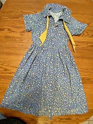 60's Blue/yellow Flower Cotton Dress With Gold Scarf And Buttons • $22