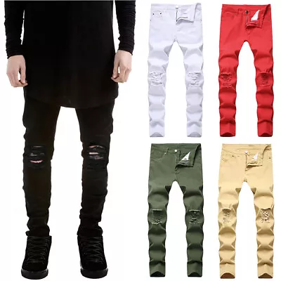 Mens Jeans Trousers Ripped Denim Pants Stretch Skinny Casual Distressed Slim Fit • $23.27