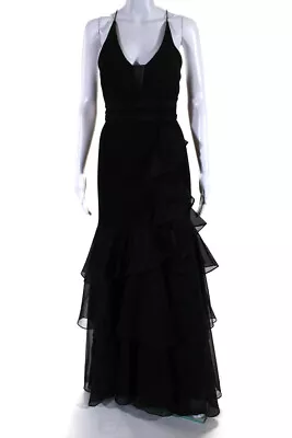 Aidan Mattox Womens Spaghetti Strap V Neck Sheer Tiered Gown Black Size 4 • $42.99