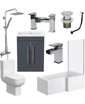 Complete Bathroom Suite L Shape RH 1600 Bath Toilet Vanity Unit Taps Shower Grey • £786.30