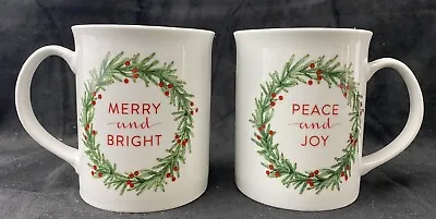 Christmas Set Of 2 Fringe Coffee Mugs Merry And Bright Peace And Joy EUC • $6.95