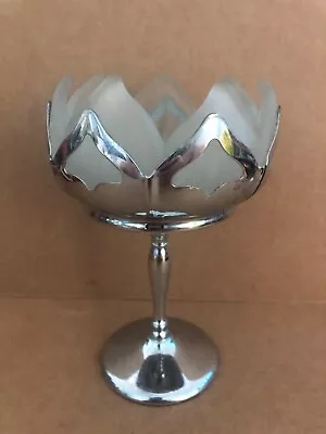 Vintage FARBER BROTHERS Chrome & Frosted Glass Lotus Flower Compote Art Deco • $29.99