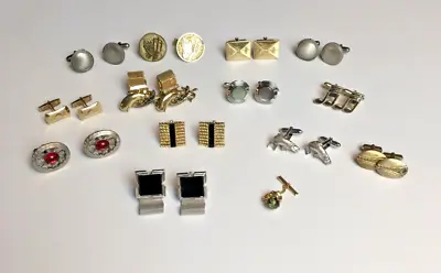 Lot Of 13 Men’s Silver And Gold Tone Cufflinks Cuff Links Fish Music Round • $26.95