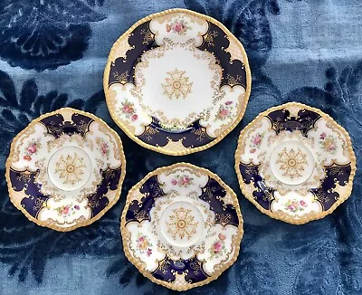 COALPORT Cobalt Blue Batwing Set Of 3 Saucers + 1 Tea Plate Pattern 2665 C.1914 • £39.99