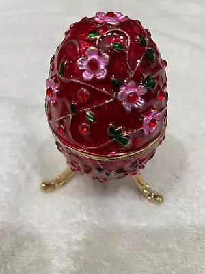 Red And Pink Flowers Egg Hand Painted Bejeweled Hinged Trinket Jewelry Box • $15