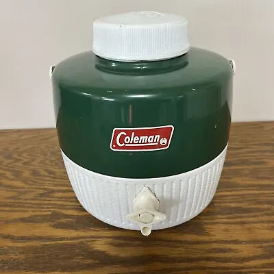 $15 • Buy Vintage Coleman Water Cooler Jug Dispenser + Cup Green Metallic & White Plastic