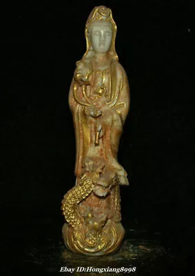 15  China Old Jade Gilt Stand Dragon Kwan-Yin Quan Guan Yin Goddess Statue • $295