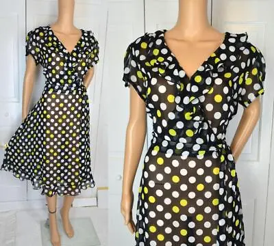 VTG JBS Sheer White Yellow Polka Dot Wrap Bodice Ruffle Deep V Full Skirt Dress • $25.99