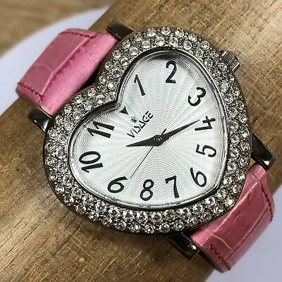 Visage Womens Heart Shape Pave Crystal Bezel Valentines Quartz Analog Watch • $24.95