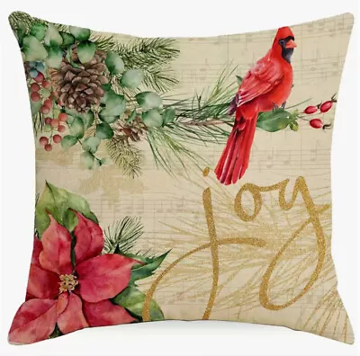 JOY Music Poinsettia Cardinal Christmas Throw Pillow Cover Winter Holiday Decor • $13.08