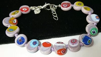 PURPLE Millefiori Venetian Murano Italian Glass Disk Bead Vintage Style BRACELET • £15.99