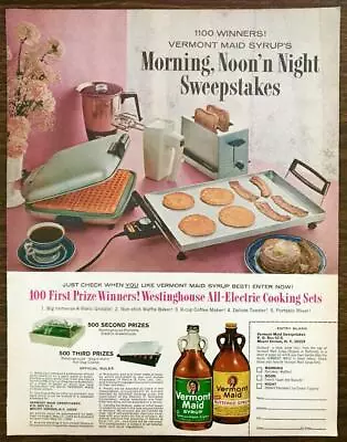1964 Vermont Maid Syrups Print Ad Morning Noon'n Night Sweepstakes Griddle Bacon • $9.85