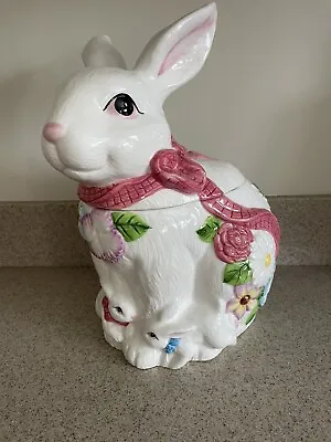Easter Bunny Rabbit Butterfly Floral Bouquet Cookie Jar Ceramic Pink Bow Large • $32