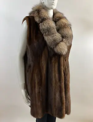 Sz XL - Extra Long Chestnut Brown Mink Fur Vest Crystal Fox Collar - New Lining • $329.99