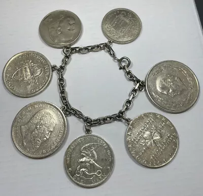 Vintage Silver World Coin Sterling Bracelet  7.5” - Mexico  Germany  Etc. Ibs • $249.99