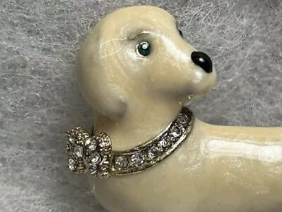 Cream Colored Dachshund Pin Brooch With Green Eyes And Rhitestone Collar And Bow • $11