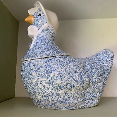 Vintage Blue Spongeware Mother Goose / Duck Cookie Jar With Bonnet. • $29.99