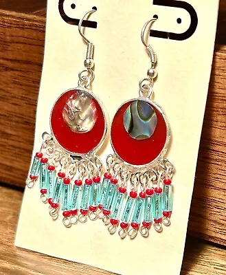 Vintage Sterling Silver Mother Of Pearl Earrings Dangle Beaded Fringe Mexico • $28