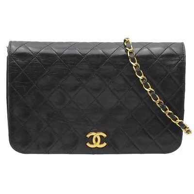 CHANEL Leather Quilted Pushlock Chain Shoulder Bag W23.5 Black Women D2706 • £745.65