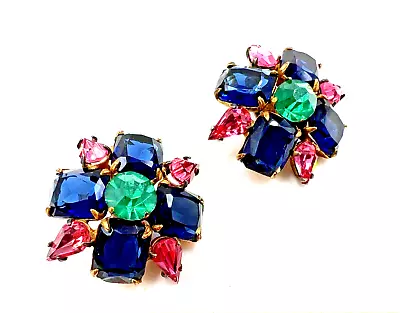 Maltese Cross Old Vintage Fabulous Colorful Openback Rhinestones Earrings Design • $129.99