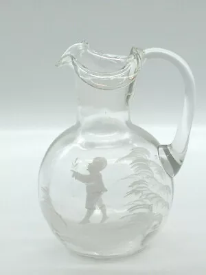 Mary Gregory Victorian Clear Glass Jug - Hand Blown -  Bohemia C.1880 • $290