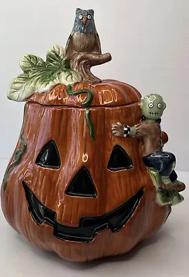 Vintage Halloween Pumpkin Cookie Jar Sakura 1998 Debbie Mumm Zombie Owl Retired • $29.99