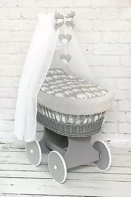 £169.99 • Buy Grey Wicker Moses Basket Wheel Baby+full Dimple Bedding Set Elephants Grey