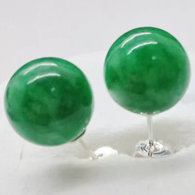 Genuine 10mm Natural Green Jadeite Jade Round Gem 925 Solid Silver Stud Earrings • $2.69