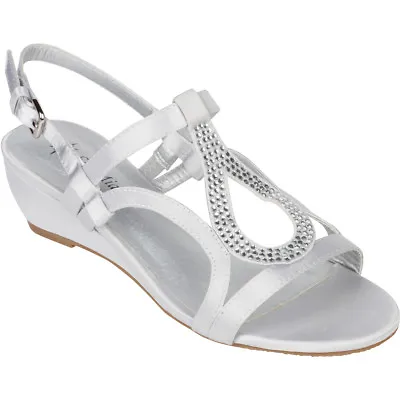Silver Dress Shoes Low Heel Wedge Sandals Bridal Wedding Rhinestone Open Toe  • £37.63