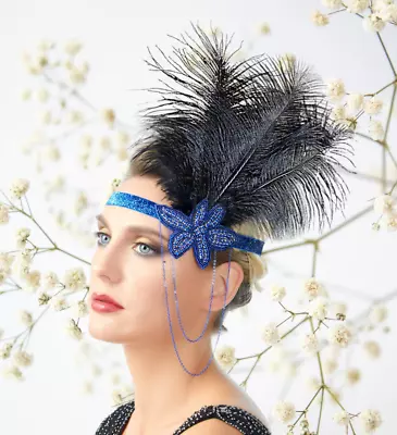 1920s Headband Blue Rhinestone Black Feather Headpiece Flapper Headband Gatsby • $9.99