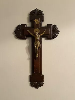 Vintage Solid Wood/metal Crucifix Metal Sprayed Gold • £19