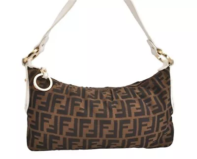 Authentic FENDI Vintage Zucca Shoulder Hand Bag Purse Canvas Leather Brown 1063J • $214.50