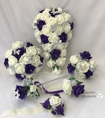 £3.50 • Buy Wedding Bouquets Flowers Ivory Rose Purple, Bride, Bridesmaid, Flower-Girl Wand