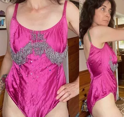 $195 • Buy Vintage Showgirl Satin 30's 40's Pink Leotard Beaded Costume Circus Bodysuit M
