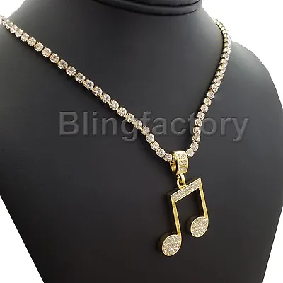 Hip Hop Iced Music Note Pendant & 1 Row Cubic Zirconia Tennis Chain Necklace • $11.99