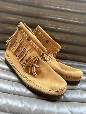 MINNETONKA Brown Tan Leather Fringe Lace-up Moccasin Ankle Chelsea Booties • $9.99