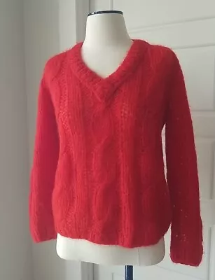 Red Wool Mohair V-Neck Sweater Handknit Italy Cable Knit Vintage Helen Harper • $59